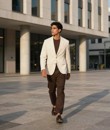 Full shot of a stylish person walking through a modern architectural plaza in a Latinoamericano / Hispano city, golden hour lighting creating long shadows, clean lines, wearing off-white and dark brown tones.