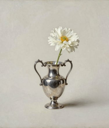 A full-view oil painting of an antique silver vessel and a single white flower in a glass vase. The composition is minimalist and elegant, set against a soft off-white background with subtle muted olive shadows.
