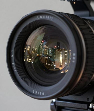 A close-up of a professional cinema camera lens reflecting a South American metropolitan skyline at night. Minimalist composition with sharp focus on the glass. Palette of dark gray, black, and silver.