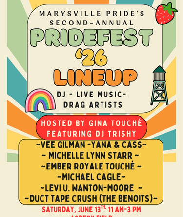 Marysville Pridefest 2026 event poster featuring a lineup of live music, drag artists, and DJs at Asbery Field.