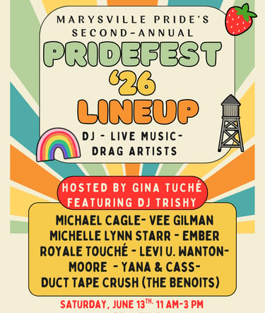 Marysville Pridefest 2026 event poster featuring a lineup of live music and drag artists at Asbery Field.