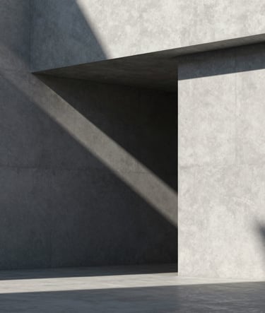 An artistic architectural photograph featuring sharp geometric shadows and clean lines. The palette uses deep #26211F for shadows and soft #F5F4F0 for highlights on concrete surfaces. A minimalist and timeless composition focusing on symmetry.