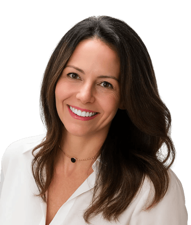 Smiling woman with long dark hair wearing a white blouse, SEO specialist