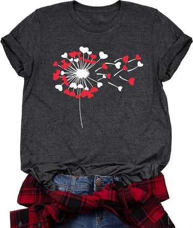 Valentine's Day Shirt for Women Dandelion T-Shirt Love Heart Short Sleeve Graphic Tee
