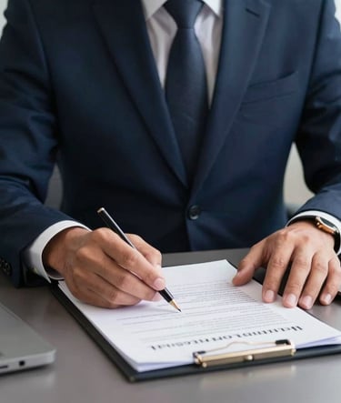 A focused close-up of a professional in a South American / Brazilian corporate setting, dressed in a sharp dark navy blue suit, reviewing documents on a sleek desk. The mood is trustworthy and forward-thinking.
