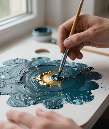 A close-up photograph of a contemporary Northern European / Welsh / British artist's hands mixing deep charcoal teal oil paint with metallic gold pigments on a clean palette, soft natural lighting from a nearby window.