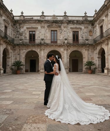 Wide shot of a Hispanic couple walking through a majestic stone courtyard of a colonial mansion, elegant wedding attire, long bridal train, cinematic lighting, sophisticated and romantic atmosphere.
