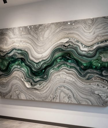 A vertical shot of a large resin wall art piece. Abstract waves of Sandstone Grey and Deep Forest Green create a marble-like effect. Displayed on a clean wall in a modern International / Global interior.