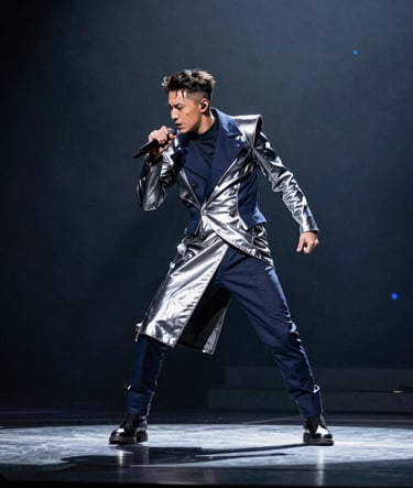 Full-length performance photography of a recording artist in a mid-vogue pose on a dark, reflective North American / US stage. The subject wears an avant-garde ensemble in shades of navy and metallic silver. Dramatic stage lighting in cool grey and navy blue tones emphasizes the dynamic movement and powerful posture.