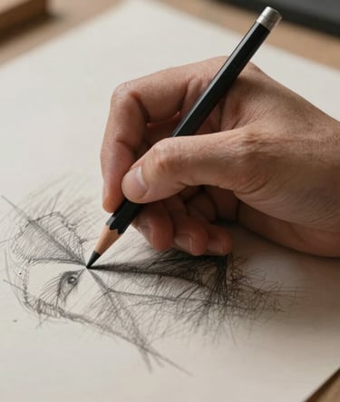 Artistic close-up photography of a hand holding a charcoal pencil over a textured paper sketch in a bright studio. The composition is focused on the movement of the hand. Palette colors: stone, charcoal, and tan. International / Western setting.