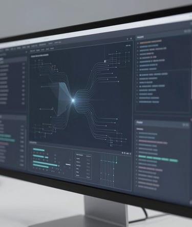 A wide-screen desktop view of a futuristic AI dashboard. The interface features translucent glass panels, complex data visualizations with thin lines in #7A8C9E, and a deep #0A1118 background theme. The composition is modern and professional.