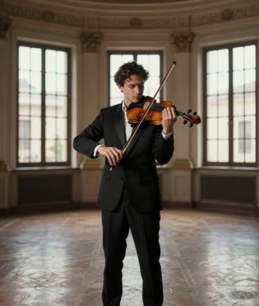 A professional and elegant portrait of a violinist in a dark suit standing in a historic, sun-drenched Spanish conservatory hall with tall windows. The mood is sober and artistic. Colors include dark ebony and warm taupe. Southern European / Spanish architectural context.