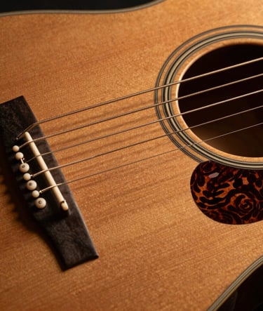 Close-up macro photography of acoustic guitar strings and the polished wood of the soundboard. The wood has a rich burnt sienna hue. The lighting is sophisticated and warm, highlighting the textures of the instrument's craft.