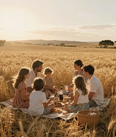 Candid wide shot of a family having a picnic in a golden wheat field in the Iberian countryside. Warm sun-kissed atmosphere, soft lens flare, cinematic composition with natural and elegant styling.