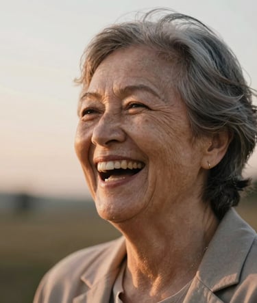A sophisticated, close-up portrait of an elderly woman laughing, her face partially illuminated by the soft, warm glow of a setting sun. The background is a soft blur of #F5F0E1 and #6F604F. The mood is authentic and deeply emotional.