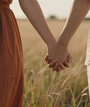 A cinematic, close-up photography of a couple's hands intertwined while walking through a field of tall grass in a North American / US rural setting. The scene is bathed in golden hour light with a palette of warm terracotta and soft sand.