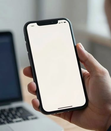 A sleek, modern smartphone held by a professional in a North American business setting, displaying a minimalist fintech app interface with off-white and dark navy design elements.