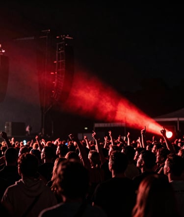 A high-contrast photograph of a large crowd at a North American music event. A single beam of vibrant red light cuts through the deep black darkness, illuminating the silhouettes and motion of the audience in a sleek, professional composition.