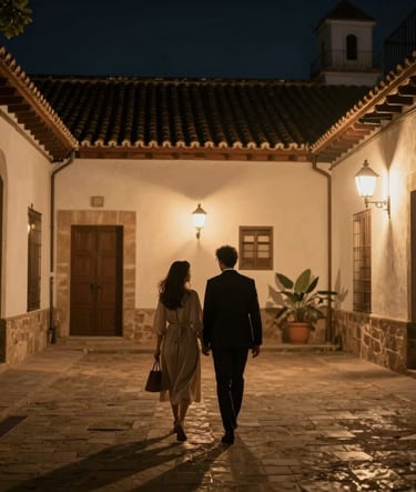 Fotografía cinematográfica de una pareja caminando por un patio histórico español de noche, iluminado por faroles cálidos, sombras profundas, ambiente sofisticado y elegante.
