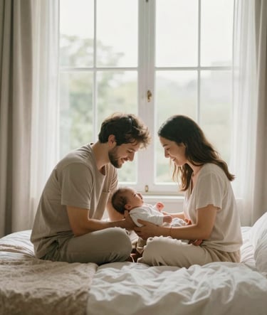 A wide, cinematic shot of a young couple sitting on a bed by a large window, bathed in warm, natural light. They are looking down at their newborn baby with genuine smiles. The room is airy and bright, featuring soft #F8F0E3 and #C0766B color tones. High-end lifestyle photography style.