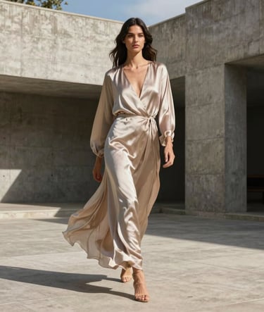 A cinematic video thumbnail showing a fashion model in a flowing silk garment, walking through a South American courtyard with modernist concrete walls. Natural bright sunlight, sharp shadows, and a clean, high-end aesthetic.