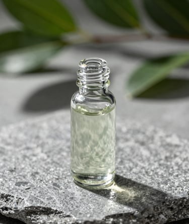 Macro photography of a glass serum bottle on a Soft Silver stone surface. The water-like liquid inside is clear, catching highlights of Muted Sage and Deep Charcoal Green shadows from nearby foliage.