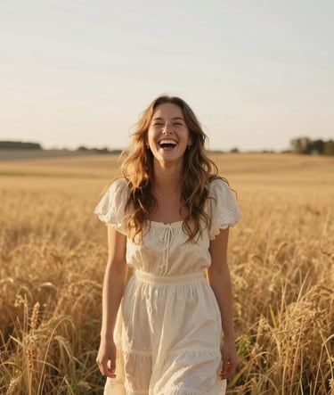 A stunning wide-angle senior portrait in a golden sunlit field in the North American / US countryside. The subject is wearing a classic cream dress, laughing naturally. The atmosphere is timeless, warm, and joyous, with soft depth of field.