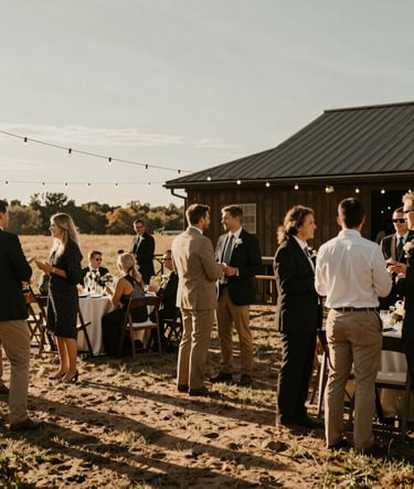 Wide candid shot of a rustic wedding reception in a North American / US outdoor setting. People are interacting naturally under warm string lights. The scene is bathed in a sun-drenched golden hour glow with charcoal shadows and soft sand highlights.