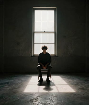 A minimalist wide shot of a subject sitting in a dark room. A single beam of soft white light from a high window illuminates the scene, casting long shadows. Moody, cinematic atmosphere in charcoal tones.