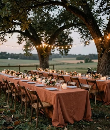 A wide cinematic shot of an outdoor wedding reception in a North American countryside at dusk. Long wooden tables with terracotta colored linens are set under large trees with hanging lights, creating a warm and authentic atmosphere.