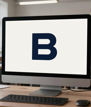 A wide, clean shot of a creative studio in an International / Western city. A large professional monitor displays a minimalist, modern logo design in dark charcoal navy against a crisp off-white background. The environment is organized and sophisticated.