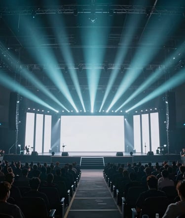 A wide angle shot of a massive esports arena stage with a clean, geometric design. The lighting is a mix of #4A6075 and sharp #EAF0F5 beams, creating a professional and high-energy atmosphere before the crowd arrives.