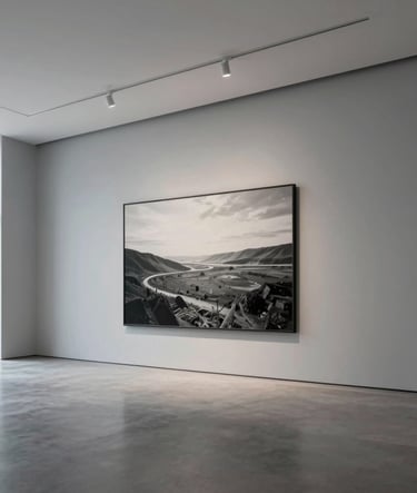 A wide shot of a minimalist art gallery interior with a single large-scale monochromatic photograph on a soft gray wall. High ceilings, clean architectural lines, and natural light. Global / Contemporary Art aesthetic.