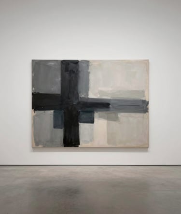A wide, contemplative shot of a minimalist gallery space. A large canvas featuring abstract strokes of #1A1A1A and #C8C0B2 hangs on a clean wall. The mood is silent and immersive, inviting the viewer into the artist's personal narrative.