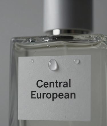 An extreme close-up of a luxury perfume bottle with delicate water droplets on the surface, soft slate grey tones and elegant lighting, Central European minimalist aesthetic.