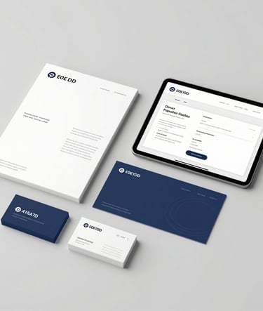 A wide, horizontal composition showing professional brand stationery, business cards, and a tablet displaying a clean UI design. Colors include #E0E1DD and #415A77. The atmosphere is sophisticated and orderly.