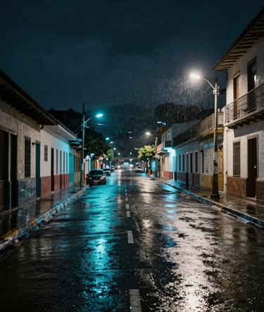 A wide cinematic shot of a rainy street in a South American / Colombian city at night. The wet asphalt reflects electric neon cyan and soft cloud white lights. Dark gunmetal gray buildings frame the scene. High-quality photography style.