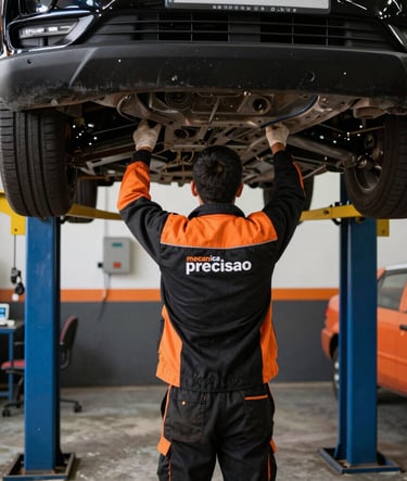Mechanic inspecting a car engine in a modern workshop with orange and black accents.