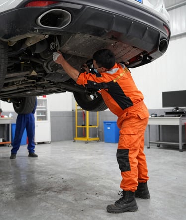 Mechanic inspecting a car engine in a modern workshop with orange and black accents.