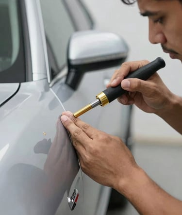 Close-up action shot of a professional varillero using a specialized gold-tipped tool to massage a dent from the inside of a silver car panel. Leading and powerful aesthetic. Sharp focus on the precision work. Incorporates brand mood of craftsmanship and professional quality.