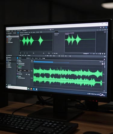 A sharp, high-contrast photograph of a professional monitor displaying a complex motion graphics timeline with green wave forms. The surrounding environment is pitch black, emphasizing a clean, technological workspace in a South American / Brazilian office.