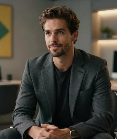 Cinematic shot of a professional influencer sitting in a modern Brazilian studio. He is wearing a sophisticated dark gray blazer. The lighting is soft and focused, creating a professional and inviting mood.