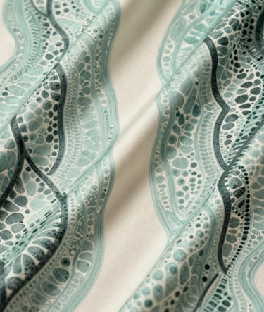 A close-up shot of a drawing on layered silk. The composition shows symmetrical, delicate patterns reminiscent of cellular membranes. Colors include pale seafoam and dark slate green on a cream-colored background. The style is clean and sophisticated.