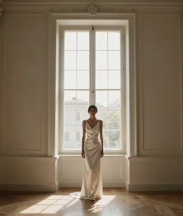 A wide-angle artistic shot of a bride standing by a tall window in a North American / European historical building. The room is decorated in soft cream and warm taupe tones. High contrast, minimalist composition, soft morning light hitting the silk of the minimalist off-white dress.