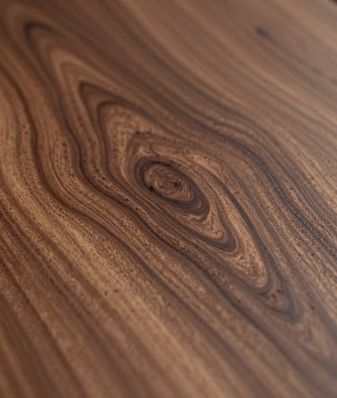 Macro photography of a high-end Black Walnut wood surface, showing the intricate, swirling grain patterns and a smooth satin oil finish. The lighting creates subtle highlights on the organic curves of the wood, emphasizing its natural beauty in a minimalist composition.
