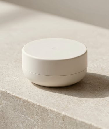 Commercial product photography of a luxury minimalist item on a smooth stone surface. Soft daylight, clean lines, and neutral off-white tones. International / Professional.