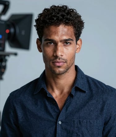 A cinematic, high-fashion portrait of a diverse male actor with intense lighting. The style is modern and professional. Background hints at a film set with professional equipment. Palette includes #0B1E22 and #1A5E63.