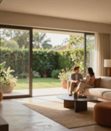 A wide-angle interior shot of a contemporary living space. Large sliding glass doors open to a lush garden. The lighting is warm and sun-drenched. A couple is seen in soft focus in the background, enjoying the space. Accents of #B85C3D terracotta in the decor.