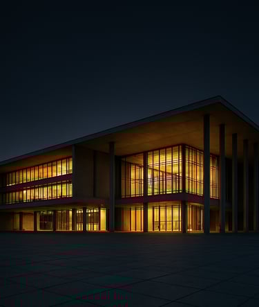 An expansive, cinematic wide shot of a modern architectural structure in an international setting at dusk. The sky is a deep charcoal black, with the building's windows glowing in a warm gold light, minimalist and grand.