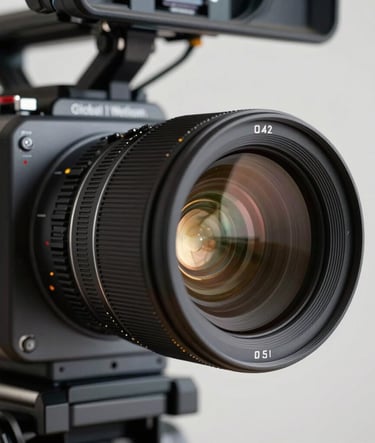 A close-up of a professional cinema camera lens reflecting soft gold studio lights. The camera body is a matte dark grey, positioned in a sophisticated film studio environment. Global / Western.